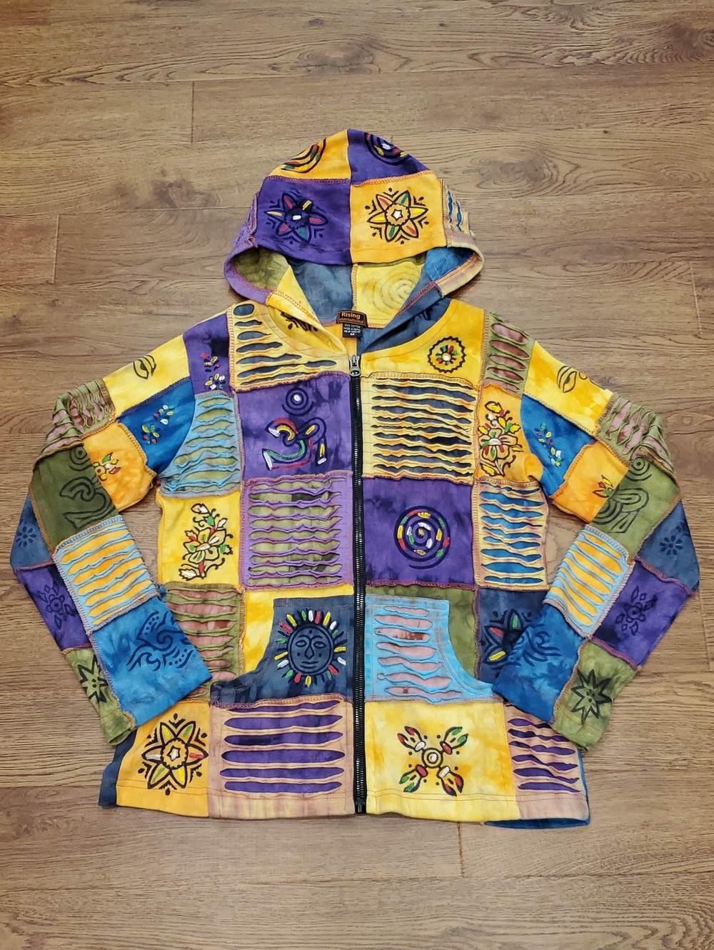 Rising International Patchwork Hand Brush Razor Cut Cotton Hoodie Womens M